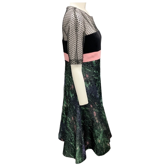 J. MENDEL TEAL MULTI LACE AND JACQUARD COCKTAIL DRESS - Picture 2 of 5